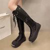 Fashion Women Platform Flats Knee High Motorcycle Boots Leather Shoes Winter 2025 Luxury Brand New Fashion Chelsea Lace-up Botas Mujer