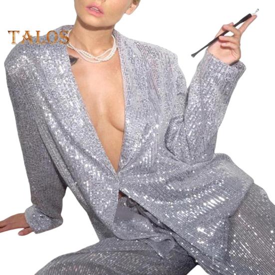 Женская рубашка с пайетками, брюки, лацкан, V-образный вырез, мешковатое пальто с длинным рукавом и средней длиной, широкие брюки большого размера для вечеринок, клубных нарядов знаменитостей