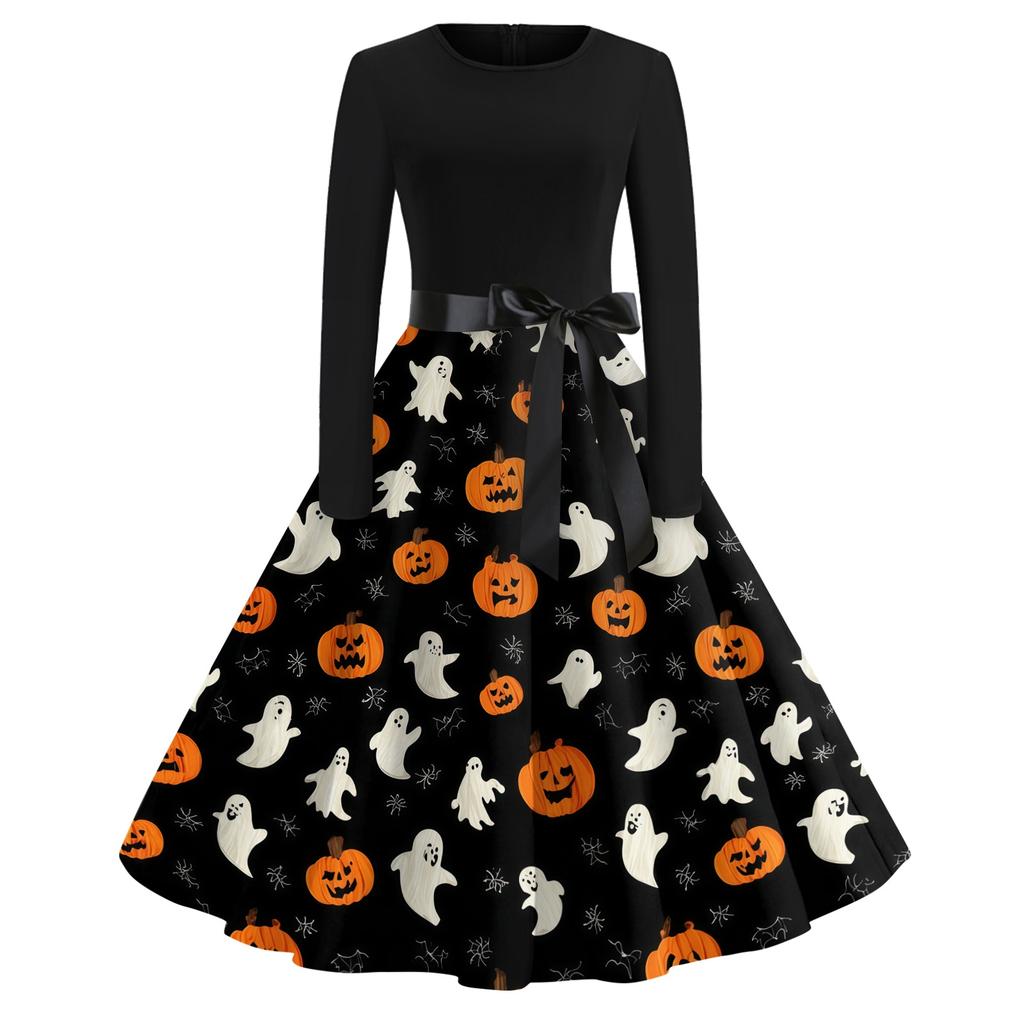 Women's Casual Vintage Halloween Dress Long Sleeve Crew Neck Retro Swing Dress with Spider Web and Bat Print and Waist Tie Belt for Everyday Wear