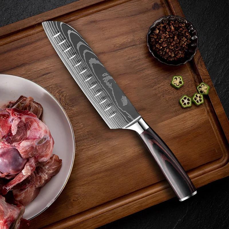 Stainless Steel Kitchen Knives 7CR17 440C Laser Damascus Japanese Santoku Cleaver Slicing Utility Chef Knife Cooking Tools