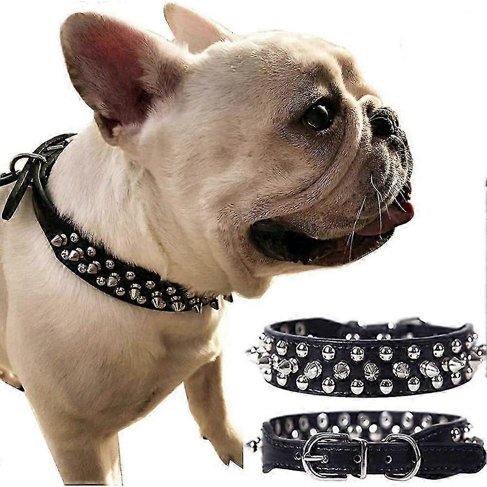 BETTE Spiked Leather Dog Collar, Bullet Nail Rivet Dog Collar, Leather Dog Collar with Rivets, for Medium Dogs, Pit Bull, English Bulldog (Black-M)