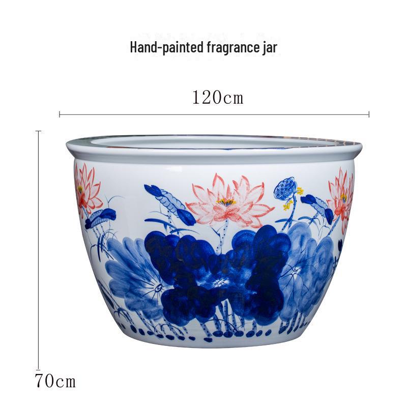 Large Blue and White Porcelain Feng Shui Lotus Jar for Courtyard