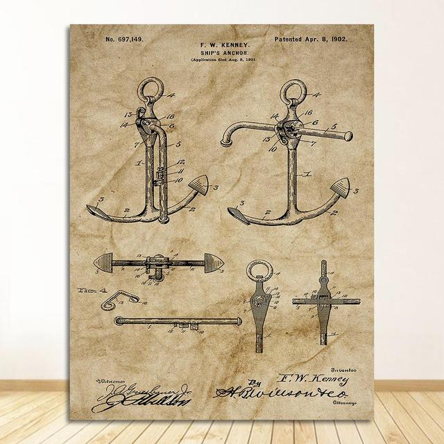 Плакат, подарки моряку, яхта, якорь, колесо корабля, парусный чертеж, морская настенная живопись, холст, картина, парусник, патент, принт, винтаж