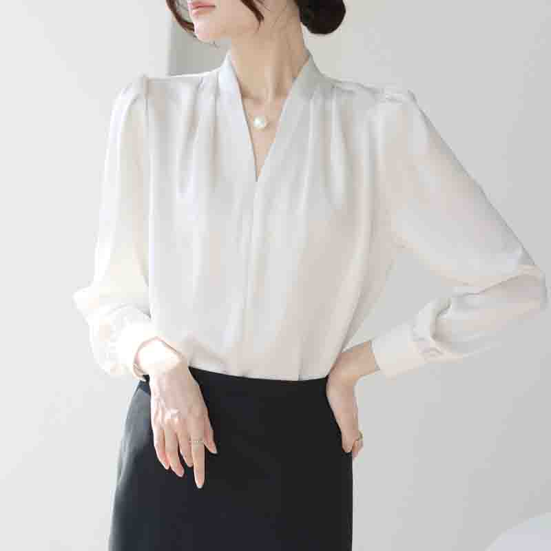 Модная новая осенняя женская блузка с длинным рукавом и V-образным вырезом для офисных леди, черная белая шифоновая рубашка, женские топы J741