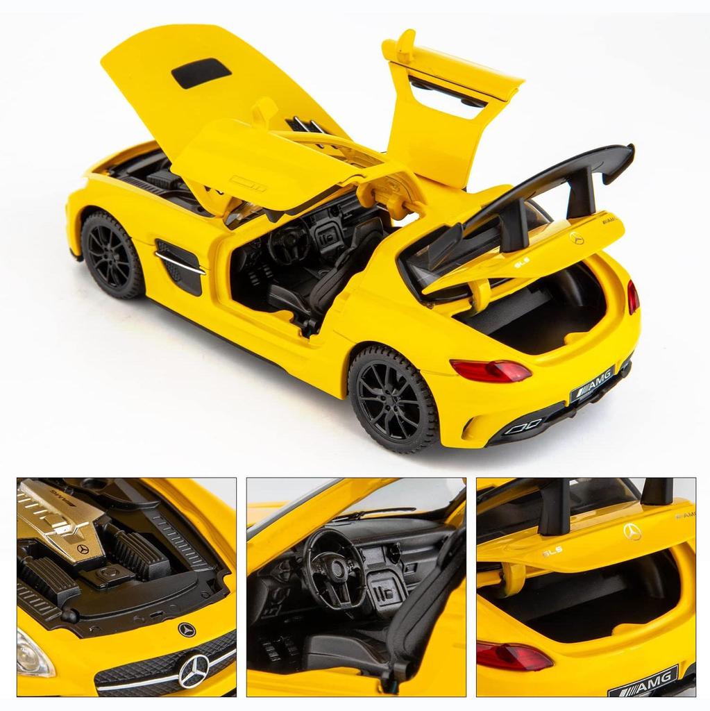 1:32-масштабная модель автомобиля Benz SLS AMG, литая под давлением цинкового сплава, игрушечная машинка с откидной спинкой, звуком и светом для детей, мальчиков и девочек