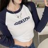 Футболка с буквенным принтом, женские весенние лоскутные топы с длинными рукавами, модные укороченные топы контрастного цвета в стиле ретро, ​​популярные футболки Kpop Skinny Y2K