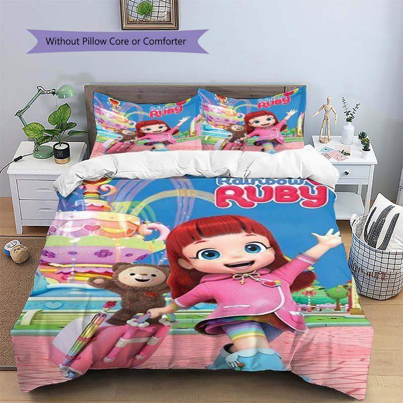 Cartoon Girl Doll Bear Amusement Park Print 3‑Pieces Duvet Cover Set Anime Bedding Without Pillow Core or Comforter