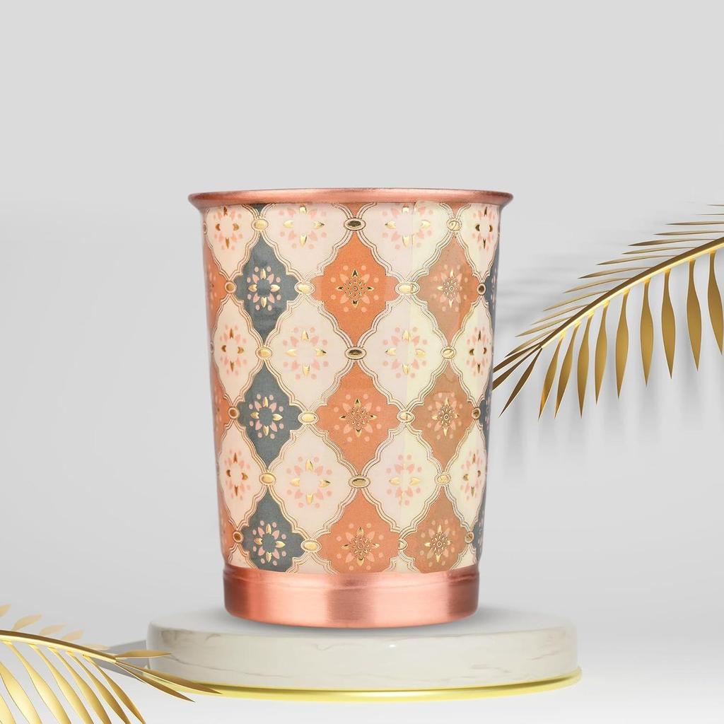 New Copper Printed Design 250ML Water Glass with Rust Proof Protection for Home and Office Use Ayurveda and Yoga Health Benefits Glass Set of 6