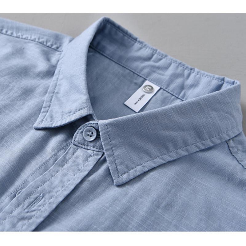Летняя рубашка Мужская повседневная рубашка с коротким рукавом Однотонная рубашка с отложным воротником из хлопка и льна Мужские топы Простой стиль Мужская одежда Дышащая