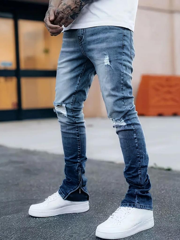 Foot Open Zipper High Quality 4 Color Water Ripped Jeans Men'S Straight Trousers
