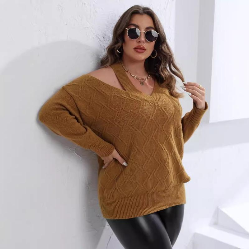 Women S Plus Size V Neck Pullover Sweater Diamond Pattern Long Sleeve Autumn Winter