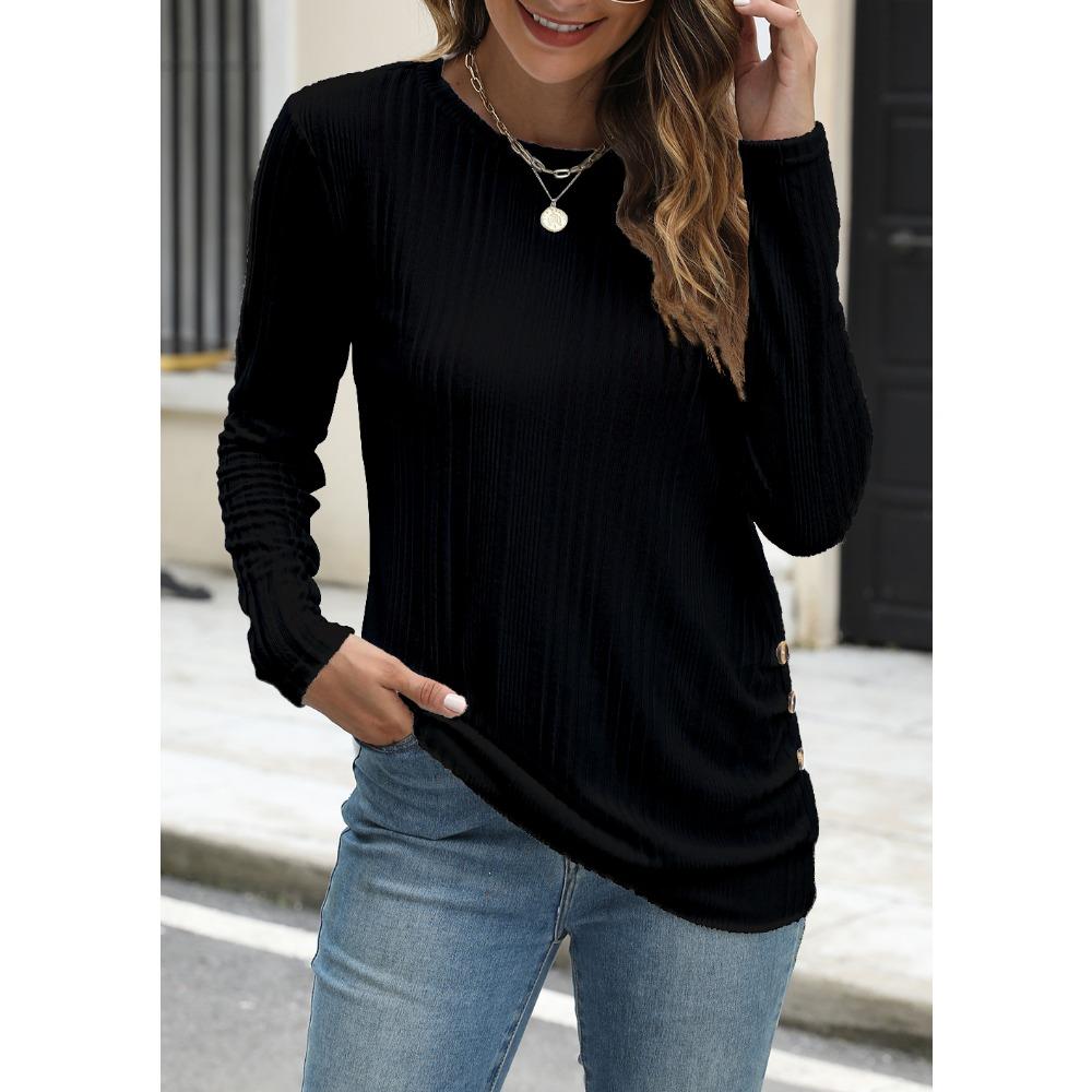 GMXIA Women's Autumn Winter Pit Strip Ground Solid Color Round Neck Button Long Sleeve T-shirt