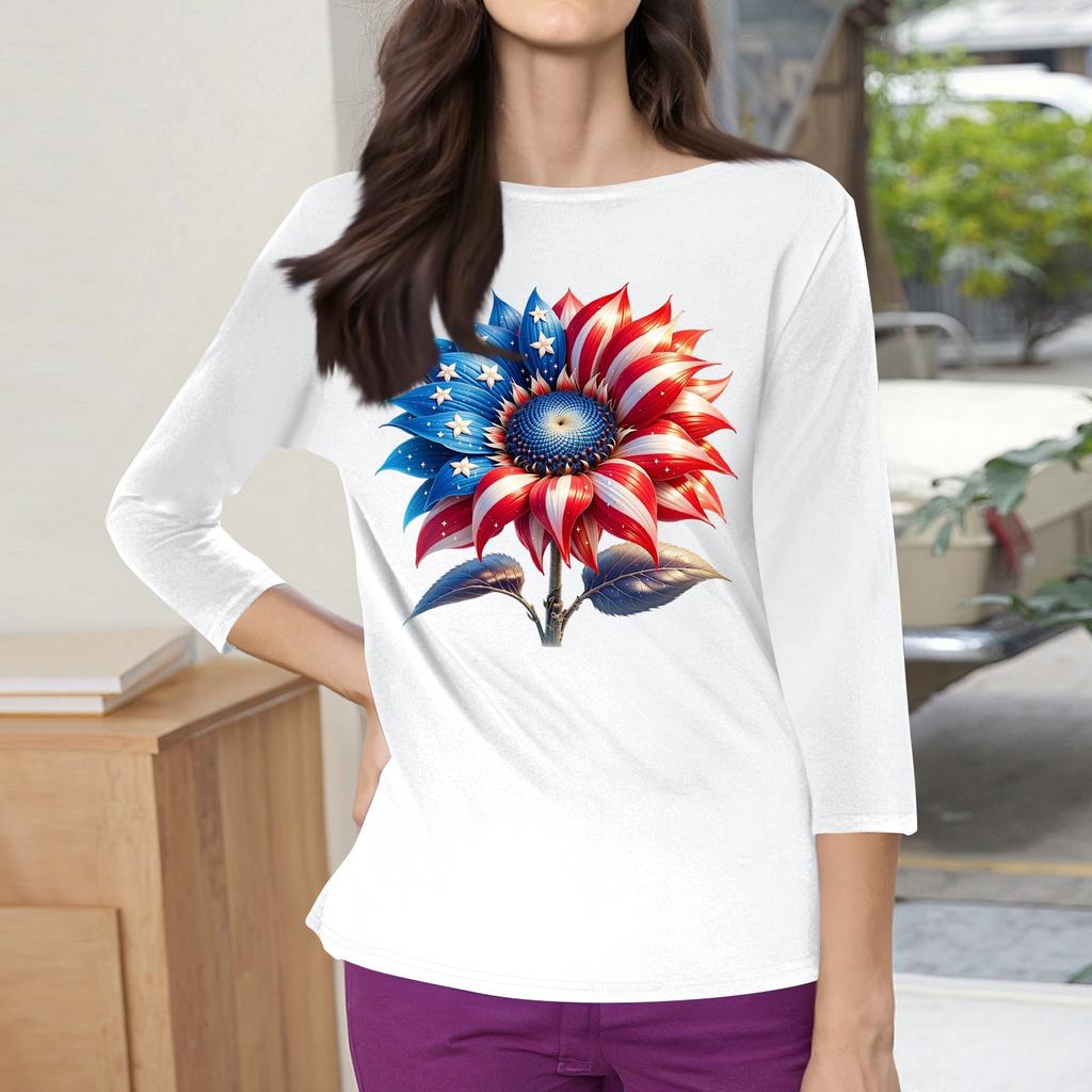 3/4 Sleeve Tops For Women T-Shirt Casual Print Tops T Shirt Round Neck Pullover Blouse