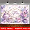 2D Flat Banner, Happy Birthday Backdrop, Purple-Pink Floral Vintage Tea Party, Butterflies, Gift Box, Photo Wall, Room Decor