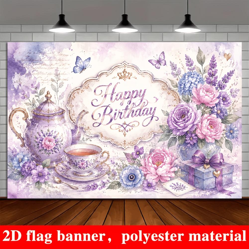 2D Flat Banner, Happy Birthday Backdrop, Purple-Pink Floral Vintage Tea Party, Butterflies, Gift Box, Photo Wall, Room Decor