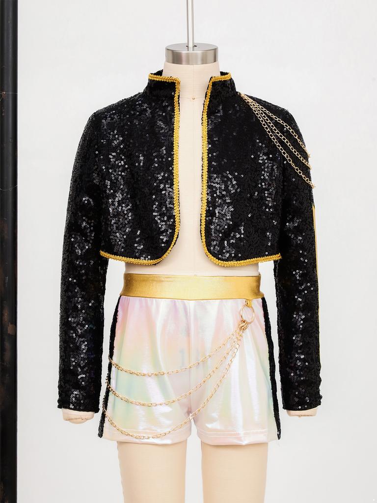 Костюм для косплея демона для девочек, наряд певицы для танцев, костюм для вечеринки, блестящая куртка с пайетками и длинными рукавами, с золотой цепочкой и поясной цепочкой, шорты