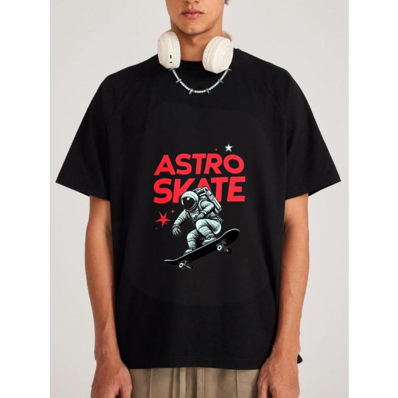 Astro Skate T Shirt White Astronaut Riding Skateboard with Red Text and Stars Graphic Streetwear Casual Wear for Men and Women