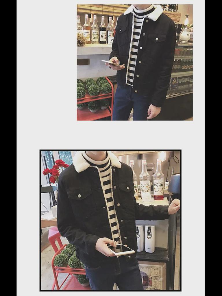 Мужская зимняя куртка из плотного денима в стиле ретро с меховым воротником и подкладкой из овечьей шерсти