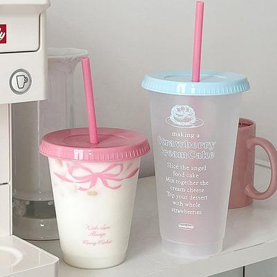 Kawaii стакан для воды с крышкой и соломинкой для кофе, сока, молока, чая, симпатичная пластиковая бутылка для воды, портативная многоразовая бутылка для питья, не содержит BPA