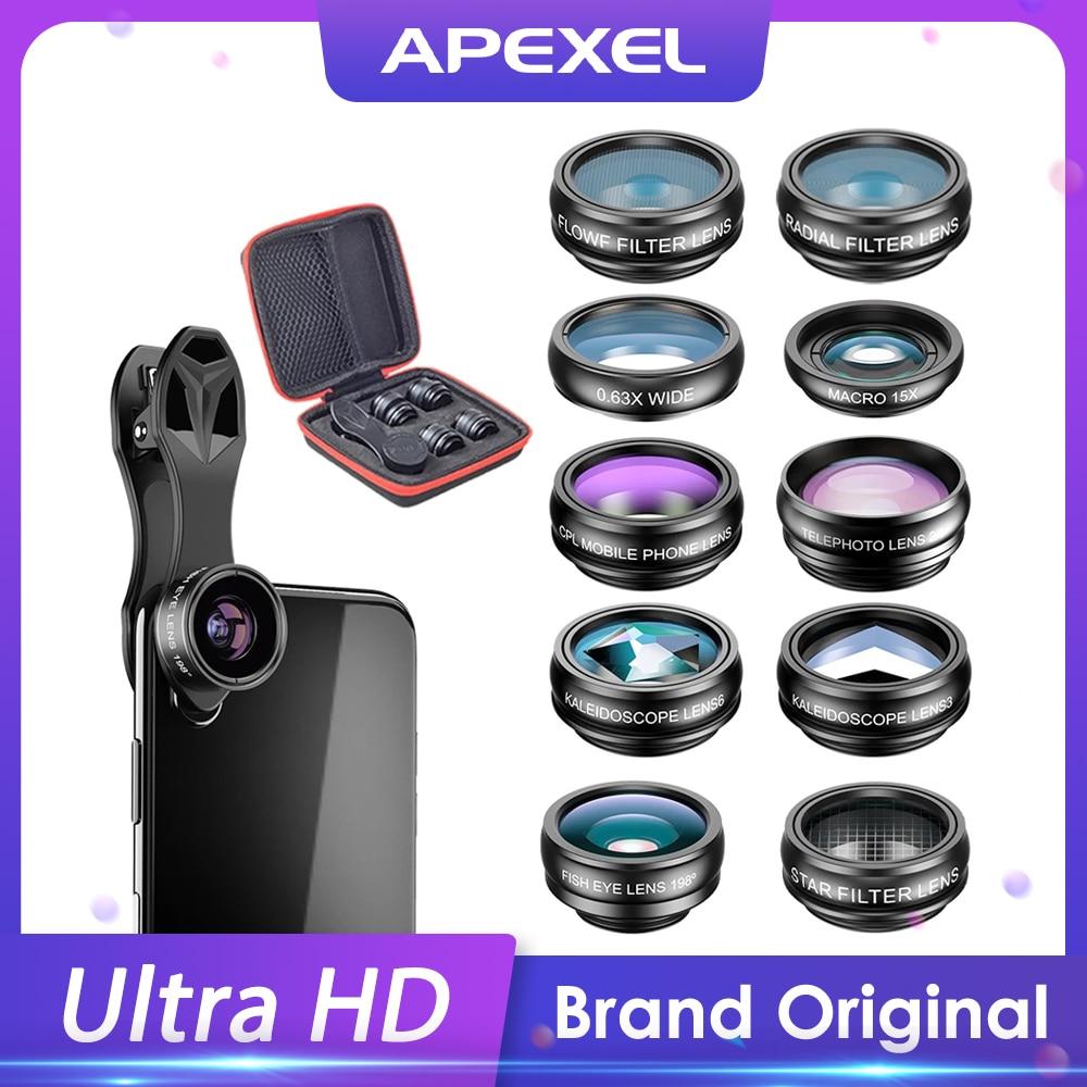 APEXEL 10 In 1 Phone Camera Lens Kit Fisheye Wide Angle Macro Lens CPL Filter Kaleidoscope and 2X Telescope Lens for Smartphone