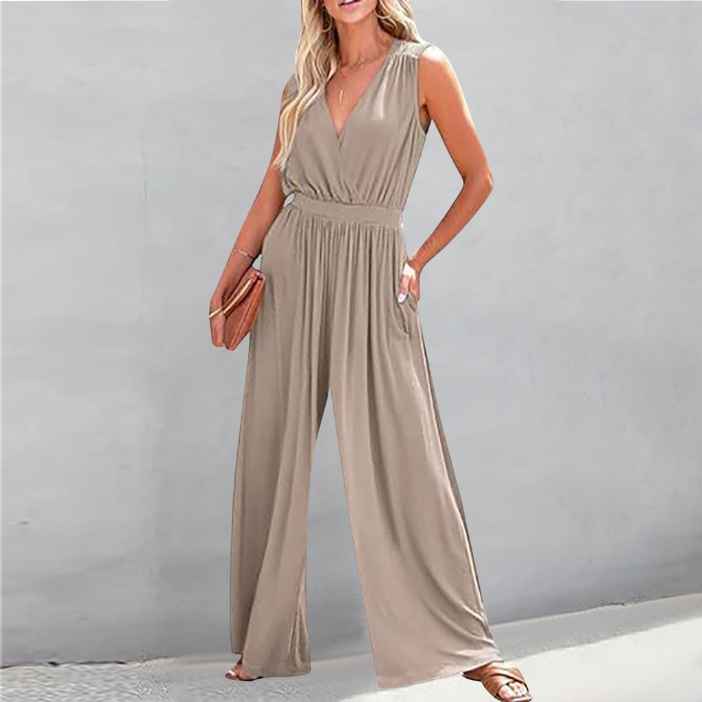 Women's Summer V-Neck Sleeveless Fashion Waist-slimming Sleeveless Jumpsuit