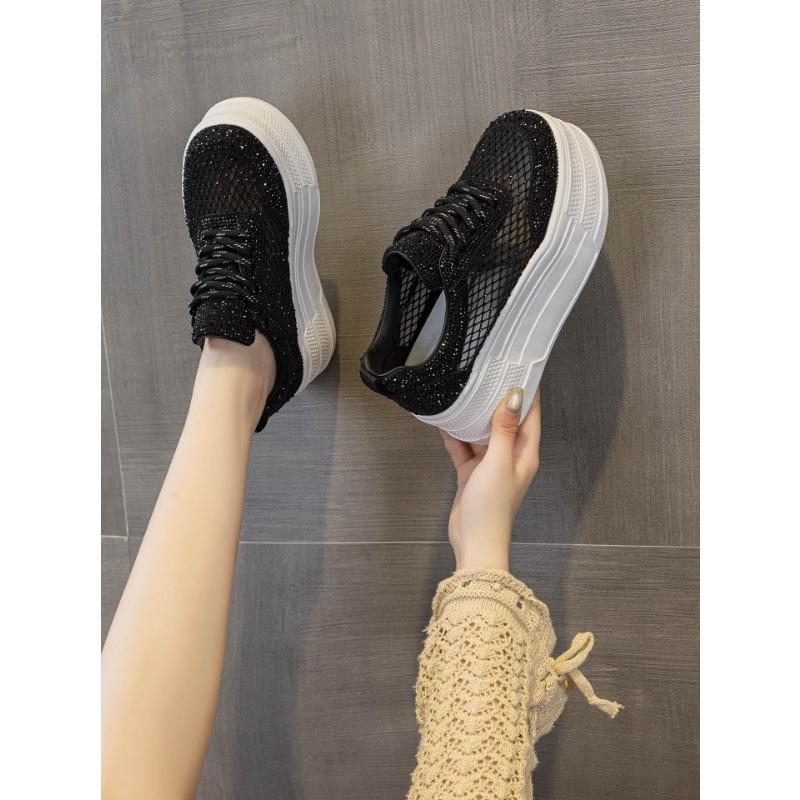 New Mesh Breathable Little White Shoes Women's Thick-soled, Lightweight and Versatile Small Casual Rhinestone Muffin Shoes