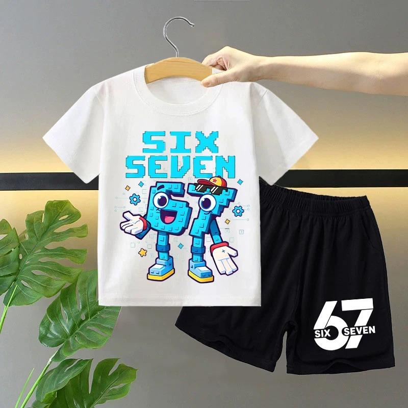 Cartoon Robot 67 Print T-Shirt & Shorts Set for Kids Boys Girls Summer Cotton Casual Outfit Game Theme Gift