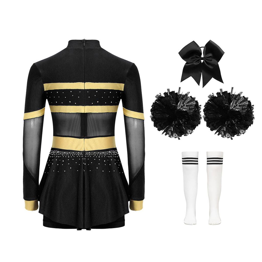 4Pcs Girls Cheer Leader Costume Long Sleeve Diamonds Dance Jumpsuit with Cheerleading Hand Flower Bowknot Hair Ties and Striped Knee High Tube Socks