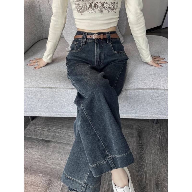 Retro Blue Jeans for Women's Spring Wide Leg Pants High Waist Slim Cropped Pants Straight Leg Pants