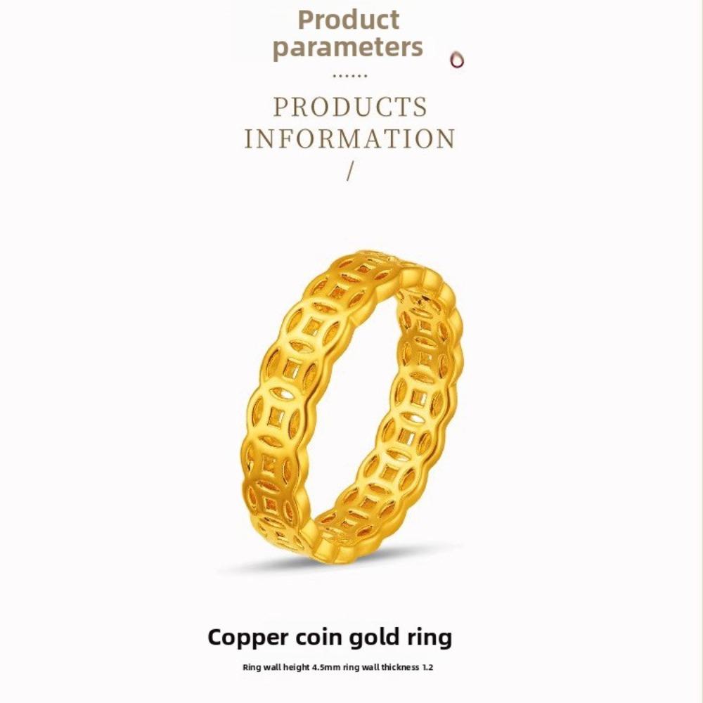 Chinese Style Hollow Coin Rings for Women Couples Simple Gold Plated Money Rings for Wealth and Luck