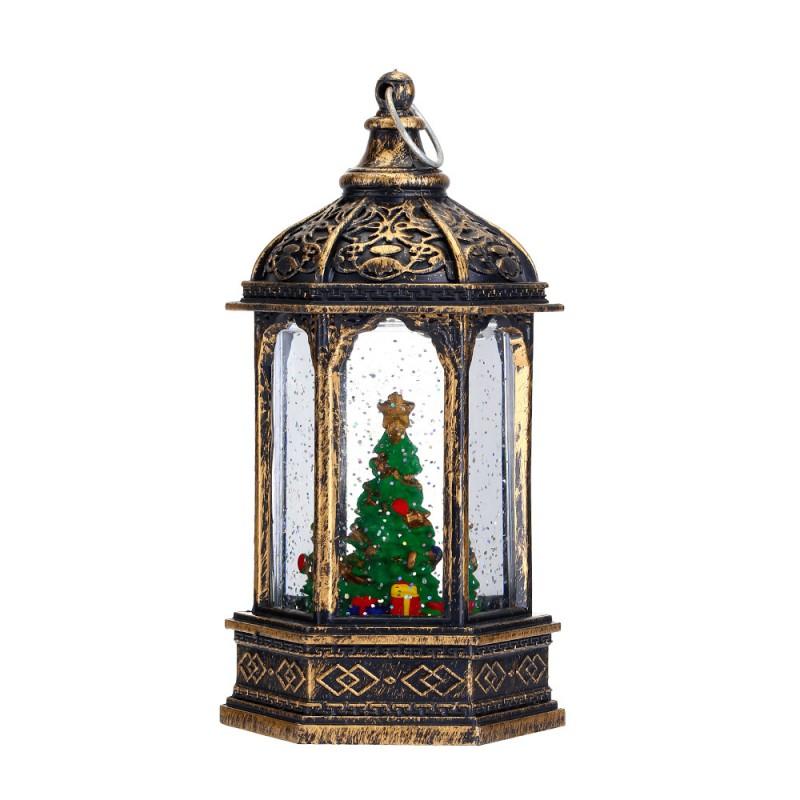 Christmas Decorative Hexagonal Water-Filled Lantern With Santa Snowman Tree Reindeer Design Holiday Tabletop Lighting