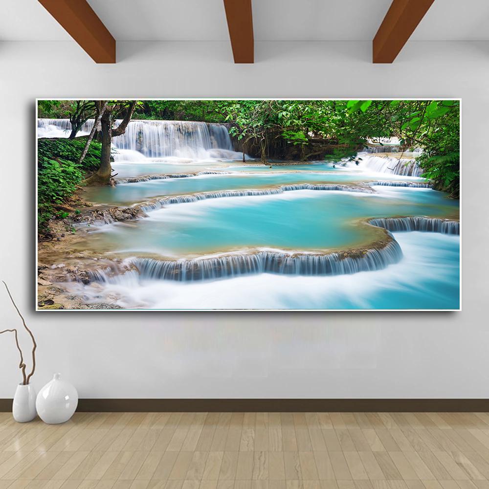 Природный пейзаж, водопад, настенные картины, холст, живопись, настенное искусство, зеленое, красное дерево, лес, постеры, принты для декора гостиной
