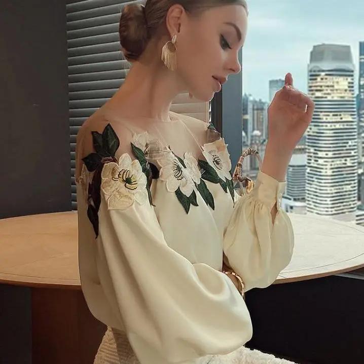 WTEMPO Весна-лето-осень сетчатые атласные блузки в стиле пэчворк женские элегантные вышитые топы с круглым вырезом и длинными рукавами-фонариками