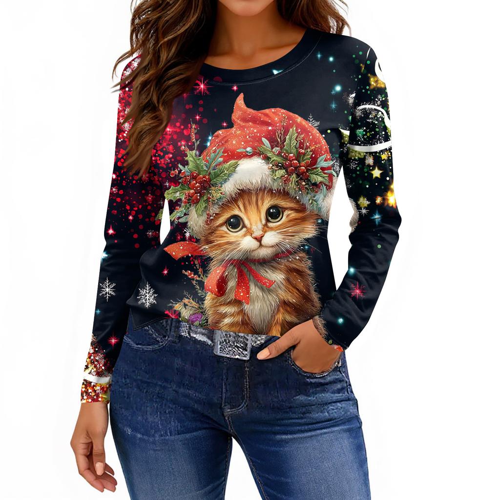 Женская модная повседневная свободная футболка с принтом и круглым вырезом с разрезом и длинным рукавом, женский топ