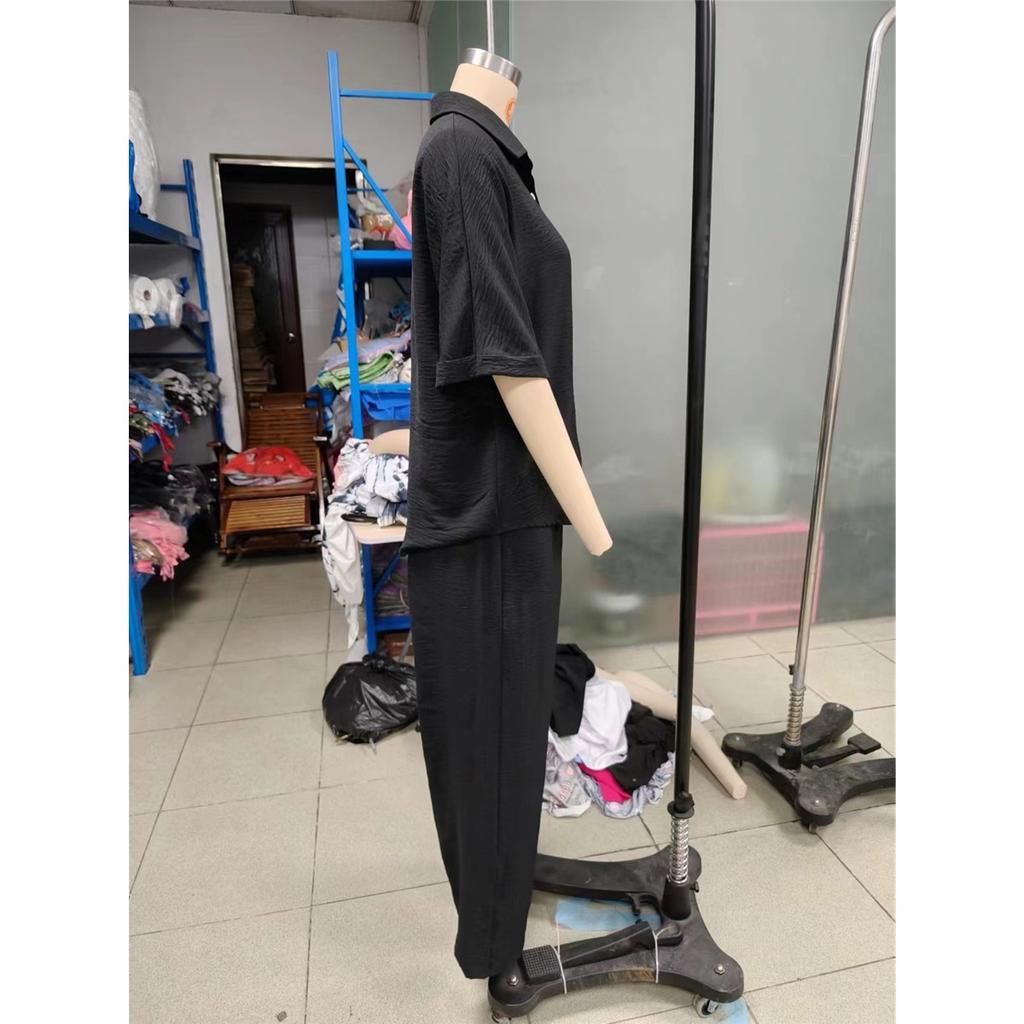 Women's Casual Sets Summer Cotton and Linen Short-sleeved Lapel Shirt Straight Trousers Two-piece Set