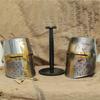 Set of 2 Medieval Crusader Helmet with Brass Cross Templar Knight Helmet Battle-Damaged Cosplay Armor Collectible Display Piece