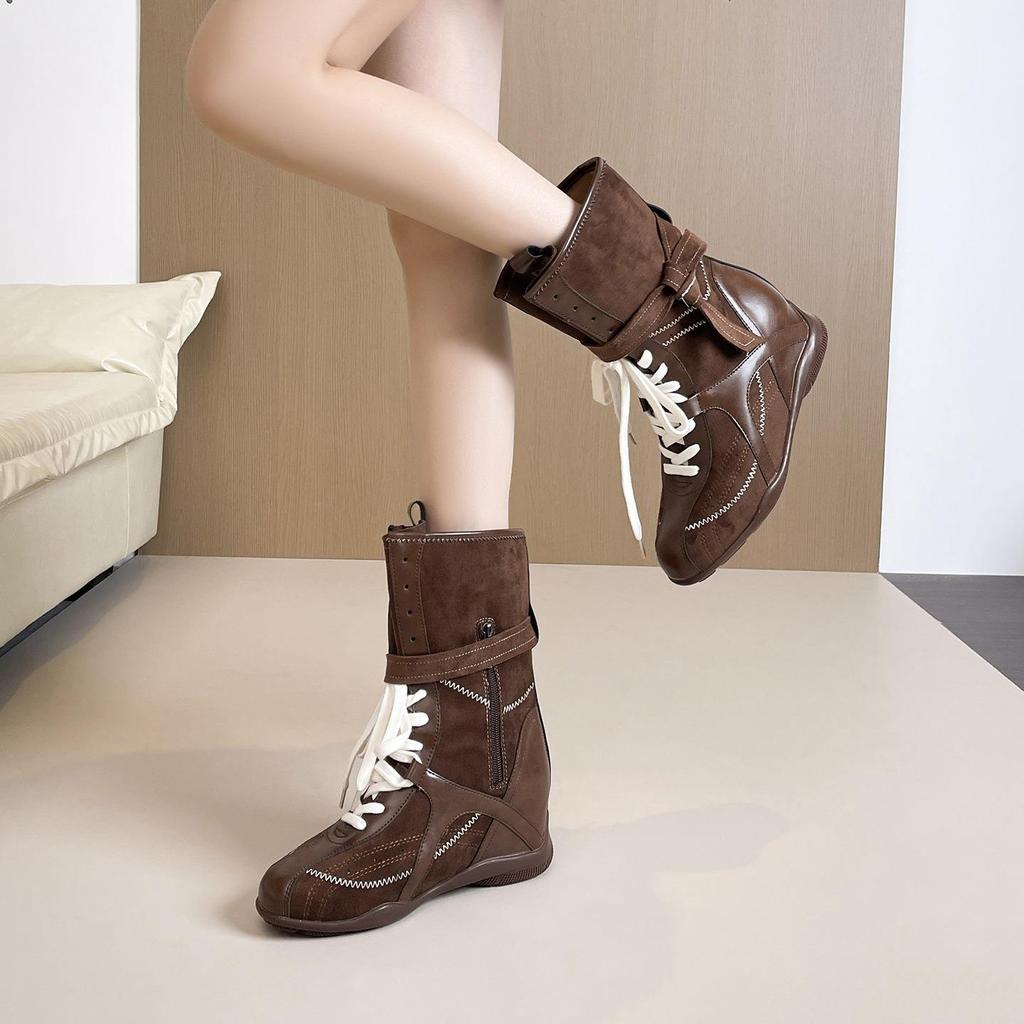 Миниатюрные женские ботинки в западном стиле, увеличивающие рост, на осень/зиму - Универсальные, стройнящие, в немецком тренировочном стиле.