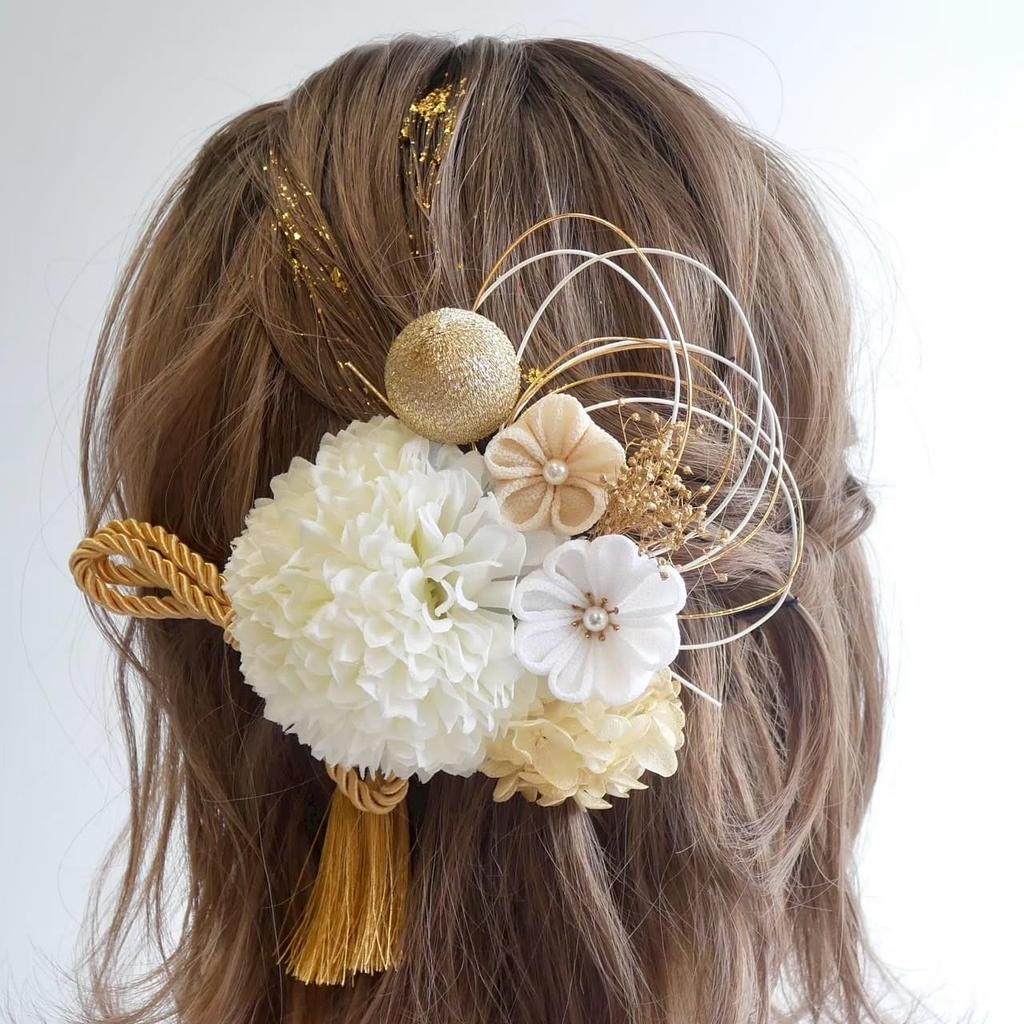 Lomeri White Hair Ornament for and Japanese T1 Tsumami-Zaiku Graduations, Hakama, Weddings, Mizuhiki, Baby's Breath, Balls, (White)