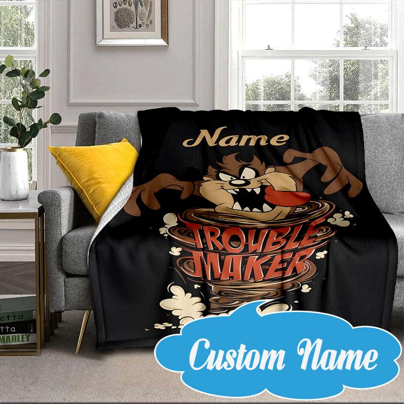Custom Name Troublemaker Taz Devil Blanket bed sofa Blanket Flannel Blanket for Camping, Hiking, Picnic Essentials,gift for Fan family