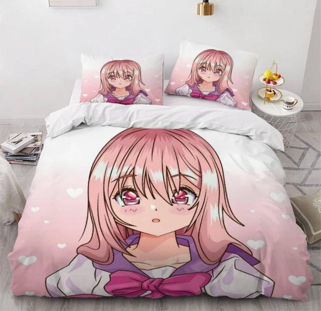 Мультяшный комплект постельного белья с аниме-девушкой, 3 предмета, 3D-принт, аниме-пододеяльник на молнии, подростковое микрофибровое постельное белье с 2 наволочками
