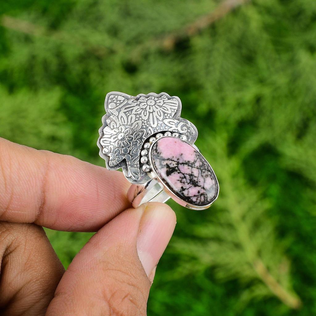925 Silver Natural Rhodonite Boho Bezel Statement Handcrafted Wife Ring Jewelry