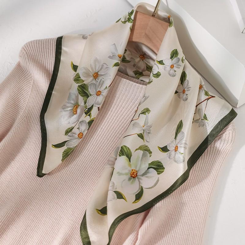 100% Pure Mulberry Silk Square Scarf Women Lightweight Printed Neck Wrap Chic Office Casual Wear