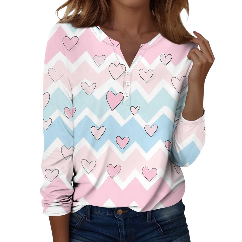 Женская футболка с рождественским принтом на пуговицах с длинным рукавом, повседневная, выходного дня, модная, базовая, с V-образным вырезом, обычная