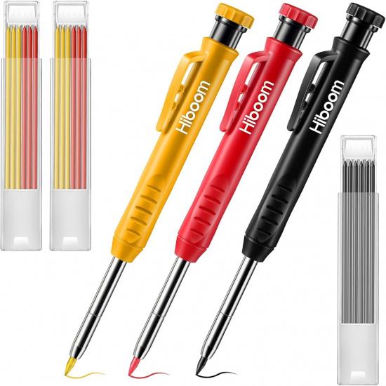 Hiboom 3 Pack Solid Carpenter Pencil with 21 Refill, Long Nosed Deep Hole Mechanical Pencil Marker with Built in Sharpener for Carpenter, Design