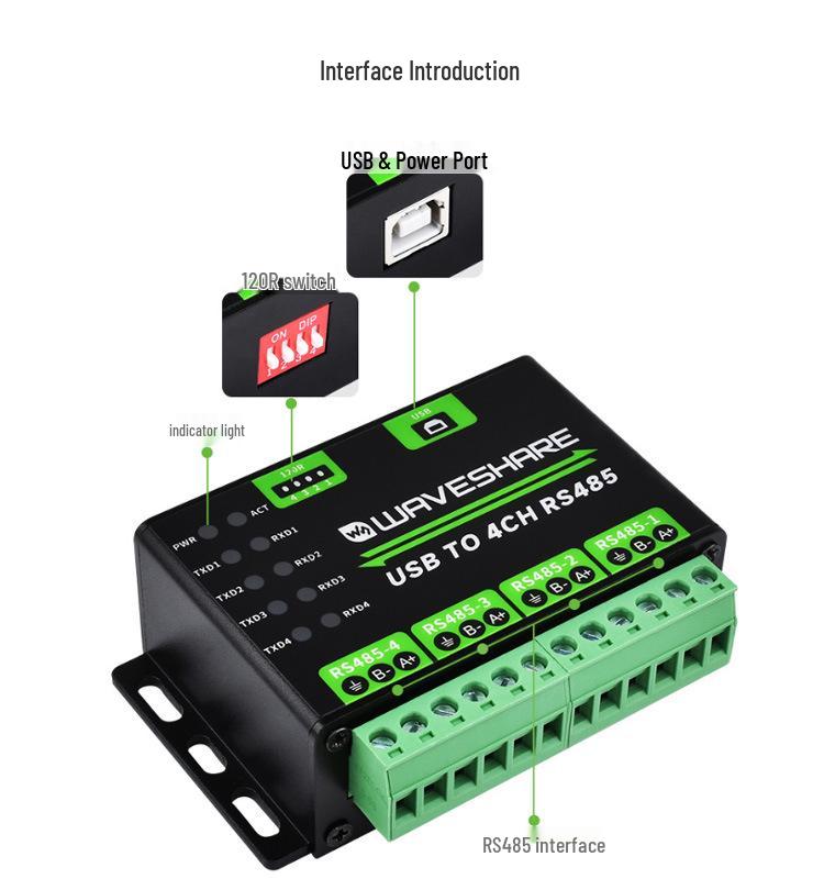 USB to 4-Port RS485 Converter with Metal Casing and Multi-Protection for Simultaneous Independent Serial Communication