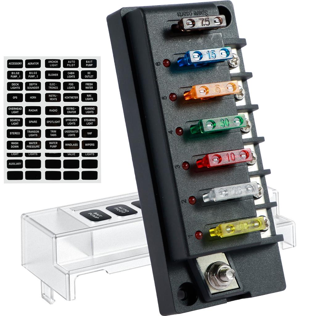 4/6 Way Fuse Block 12V Blade Fuse Box Holder with LED Indicator Waterproof Cover Safe Compact Circuit Fuse Box Dust-Proof Car