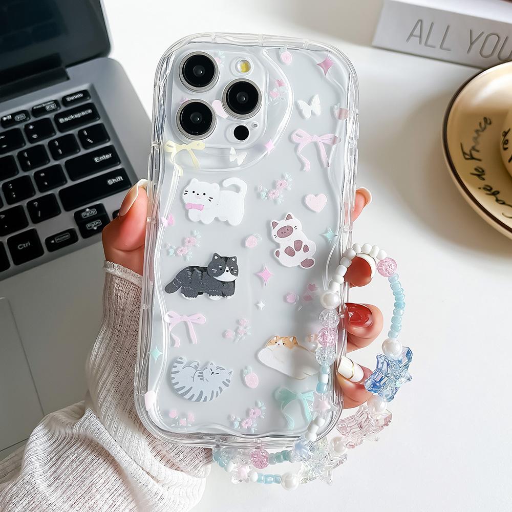 Чехол для телефона с цепочкой на запястье для iPhone 15 14 13 12 11 Pro Max 6 7 8 Plus XS Max XR Милый кот Звездная бусина Браслет Ремешок Шнурок Крышка