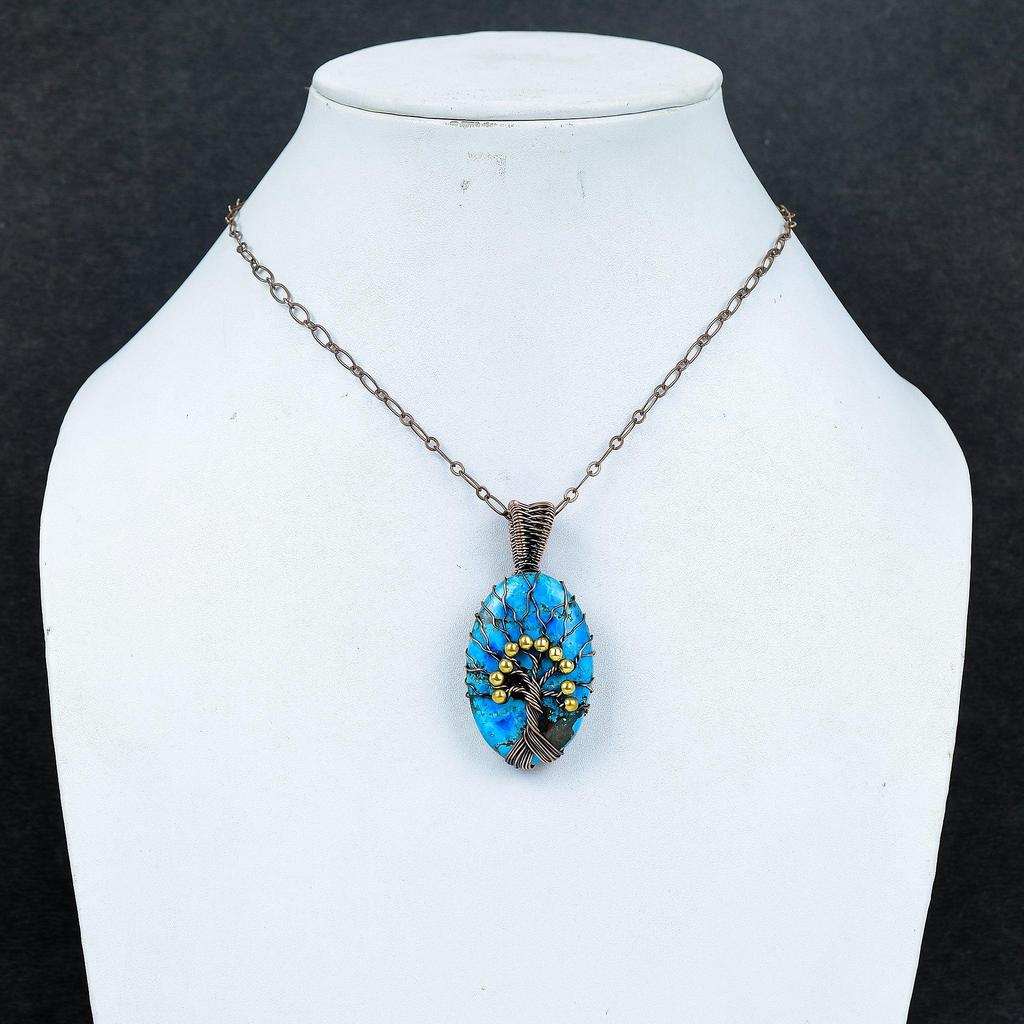 Blue Turquoise Handmade Gemstone Pendant, 999 Copper Wire Wrapped Antique Jewelry Pendant, For Engagement Gift
