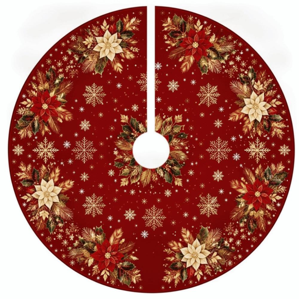 Santa Claus Christmas Tree Skirt Poinsettia Flower Christmas Decorations Holiday