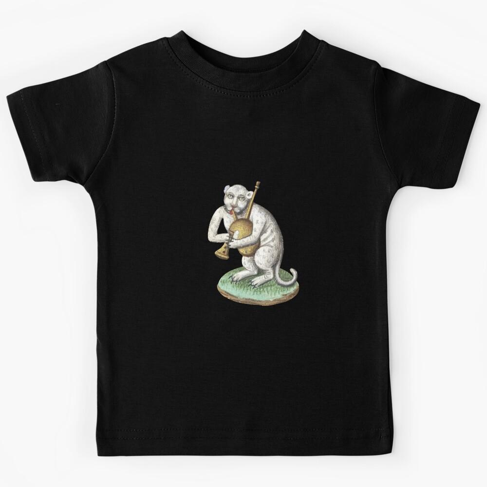 Medieval white cat leopard animal creature Playing Music - Middle Ages Art Kids T-Shirt